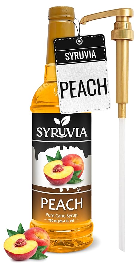 Syruvia Peach Syrup, Flavored Syrup for Drinks, Cocktails, Lemonades, Iced Teas, and Desserts – 25.4 fl oz, With Pump