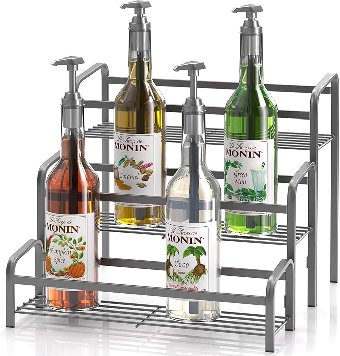 Coffee Syrup Organizer 3-Tier, 12 Bottles Capacity Coffee Syrup Rack, Metal Syrup Stand for Spice, Wine, Liquor, Bottle, Coffee Bar Station Racks Magnetic, No Installation, Grey