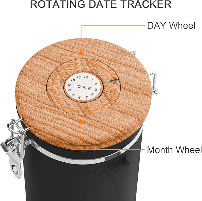 TEDSWAIT Coffee Canisters Airtight Coffee Bean Storage Container Kitchen Stainless Steel Food Storage Container with Scoop Date Tracker & CO2 Valve 61Fl Oz (Black)