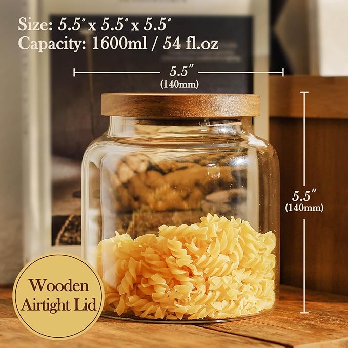 Labina Glass Storage Container Airtight Food Jars Kitchen Canister with Wood Lids, 54 Oz (1600ml) Wide Mouth Pantry Organization Glass Jar for Flour, Sugar, Cookie, Spagetti, Nuts and Candy (2 Pack)