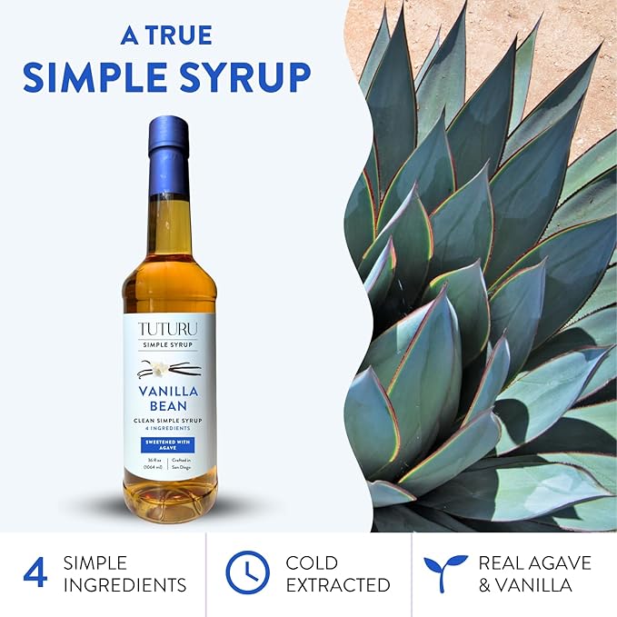 Vanilla Bean Agave Simple Syrup for Coffee & Cocktails - Sweetened with Organic Agave Nectar - Infused with Real Vanilla Bean - 36 oz