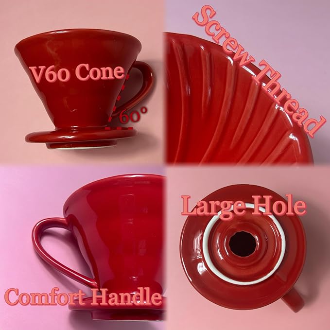 Pour Over Coffee Dripper - Ceramic Pour Over Coffee Maker Cone, Porcelain Coffee Drip, Pour Over Single Cup, Manual Brew Maker for Home, Cafe, Office - 1-4Cup, V60 Size 02 (Red)