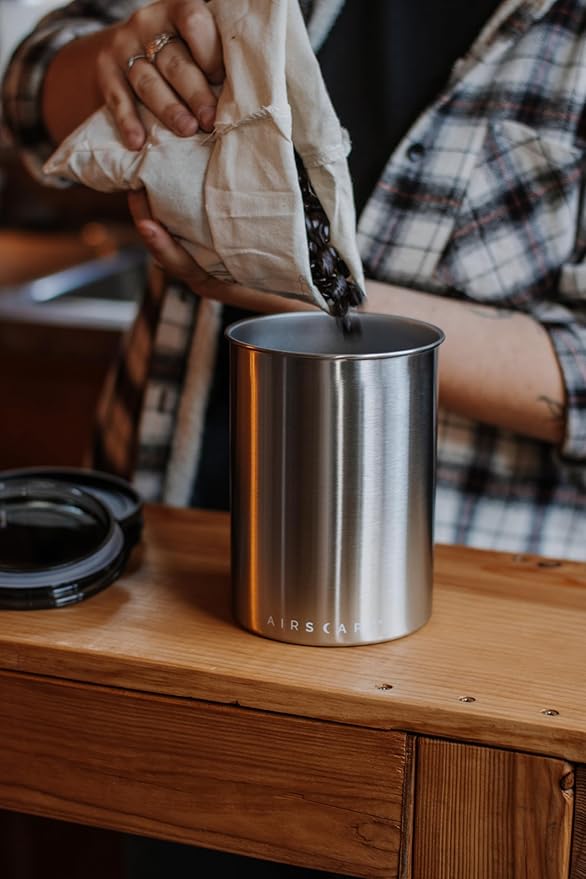 Planetary Design Airscape Stainless Steel Coffee Canister | Food Storage Container | US Patented Airtight Lid | Push Out Excess Air Preserve Food Freshness (Medium, Matte Red)