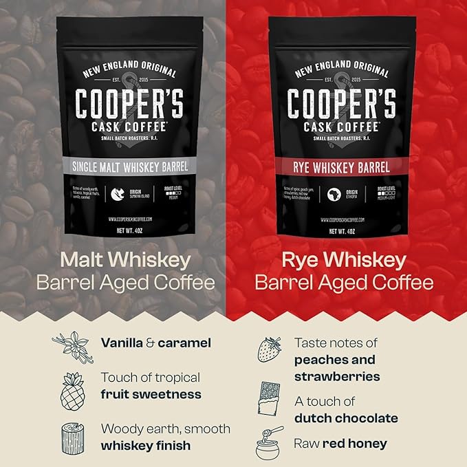 Bourbon Barrel Aged Coffee Whole Bean Set, 3 Bags - Single Origin Sumatra Whiskey, Ethiopian Rye, Rwanda Rum Roasted Coffee Beans, 12oz
