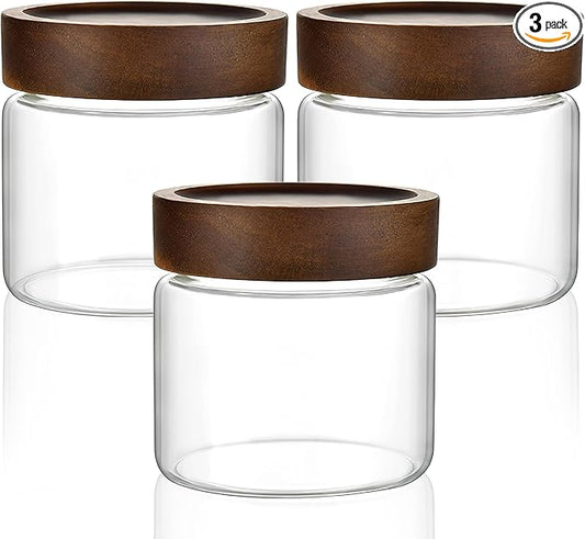 3 Pack 17 oz/500ml Clear Glass Storage Canister with Airtight Wooden Screw On Lid, Small Cute Decorative Glass Container Jar Set for Coffee, Candy, Cookie, Condiment, Pepper, Sugar, Oatmeal