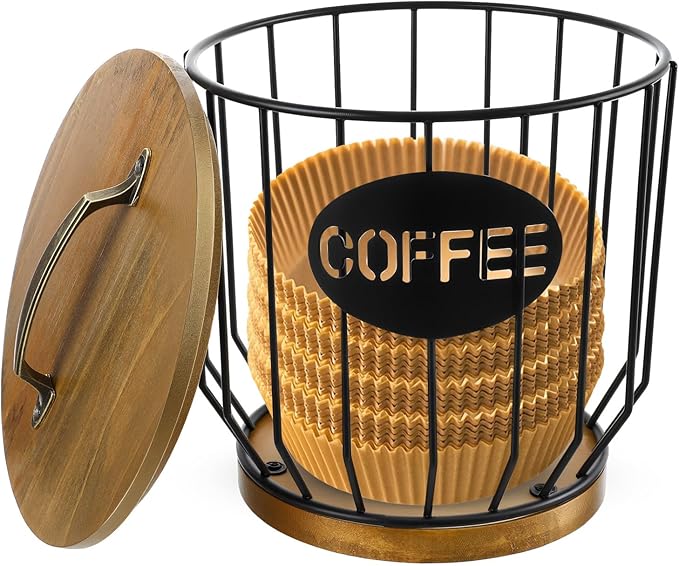 Coffee Filter Holder with Lid, Vintage Metal Coffee Bar Accessories, Coffees Filter Holders for Counter Storage Basket (Black)