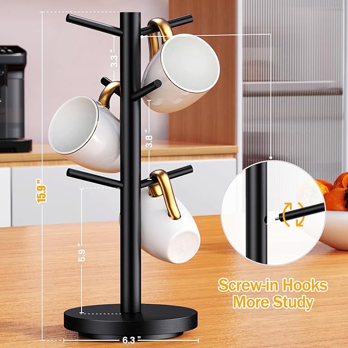 Coffee Mug Holder Tree, Upgraded 360° Rotated Cup Holder for Counter, Wood Mug Rack with 6 Hooks, Coffee Mug Organizer Station, Mug Stand Bar Accessories, Black