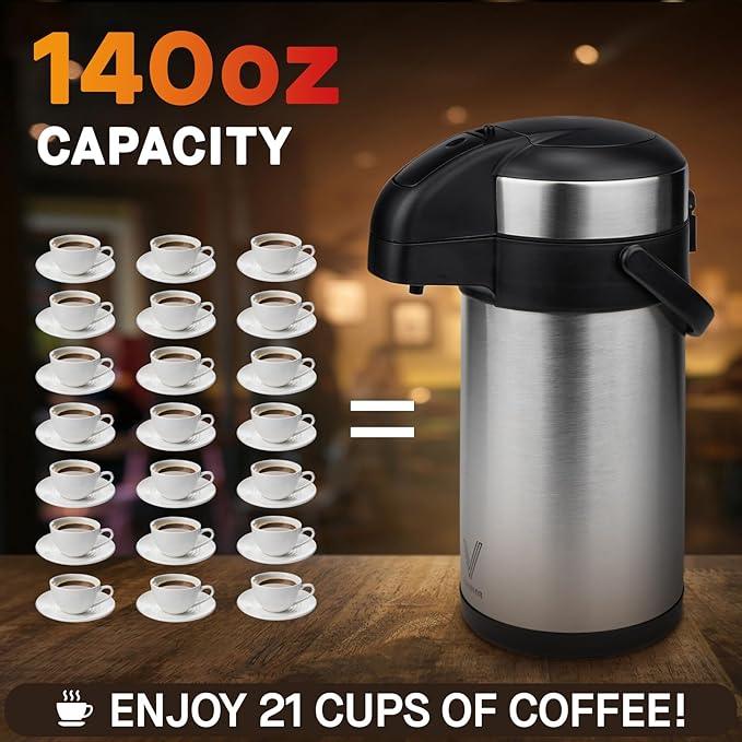 Airpot Coffee Dispenser with Pump - 140 oz Insulated Stainless Steel Coffee Carafe - Thermal Beverage Dispenser - Coffee Urn for Hot/Cold Water, Party Chocolate Drinks