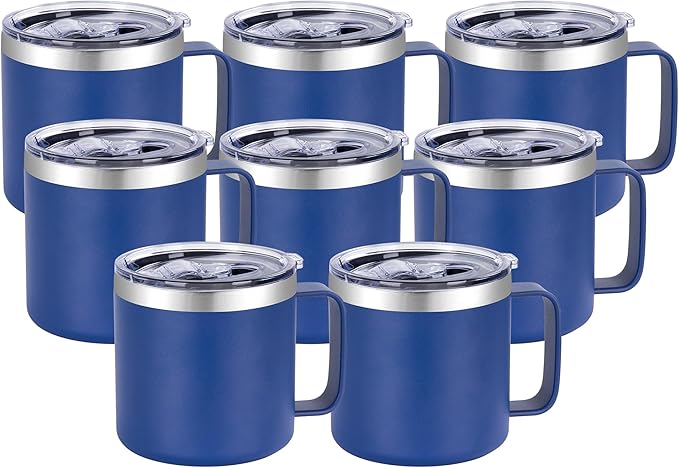 VEGOND 14 oz Insulated Coffee Mug Bulk with Handle, Stainless Steel Travel Coffee Mug with Lid, Double Wall Vacuum Metal Coffee Cup, Coffee Tumbler Powder Coated, Navy Blue 8 Pack