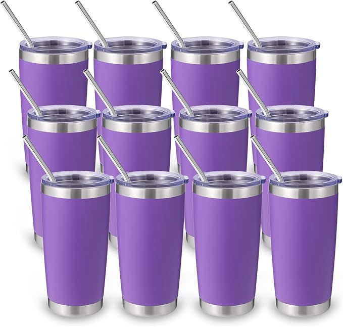 Volhoply 20oz Stainless Steel Tumbler with Lid and Straw Bulk 12 Pack,Double Wall Insulated Travel Iced Coffee Mug Fits Cup holder,Powder Coated Cups for Hot/Cold Drinks,Christmas Gifts（Purple,12 Set）