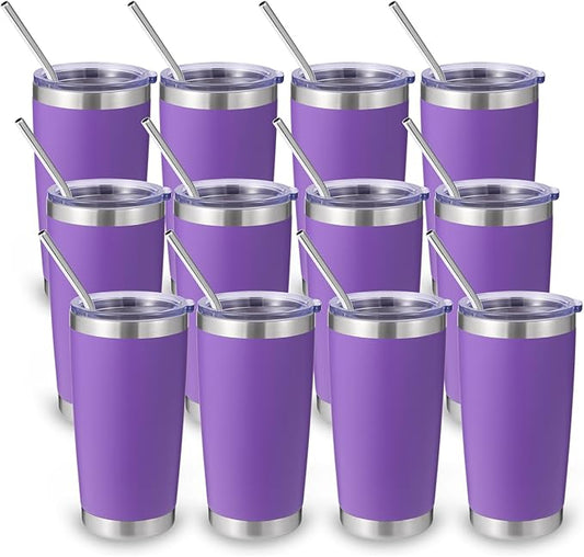 Volhoply 20oz Stainless Steel Tumbler with Lid and Straw Bulk 12 Pack,Double Wall Insulated Travel Iced Coffee Mug Fits Cup holder,Powder Coated Cups for Hot/Cold Drinks,Christmas Gifts（Purple,12 Set）