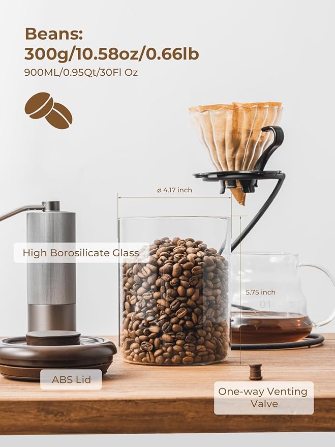 Glass Coffee Bean Jar 900 ml – Pop Top Air Tight Coffee Bean Container with CO2 Valve, 11 oz Coffee Storage Airtight Canister