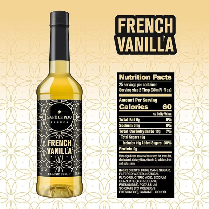 NEW Café Le Rou Variety 25.4oz Vanilla, French Vanilla, Caramel, Hazelnut (Variety, 4-pack) *Includes 4 Coffee Syrup Dispensers for Coffee, Tea and Espresso