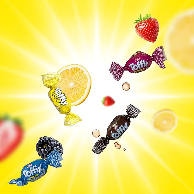 Toffix Sour Chews, Center-Filled Soft Chewy Candy, 250 Pieces of Individually Wrapped Snacks for Kids & Adults, Strawberry, Blueberry, Lemon & Cola Flavored Chewy Candies - 2 Pound Bulk Bag