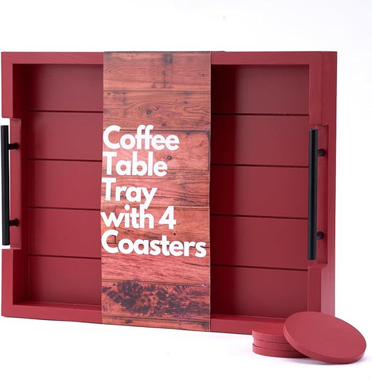 Ottoman Serving Tray | Decorative Coffee Table Tray with Handles – 17x13 Inch Wooden Tray with 4 Coasters for Breakfast, Kitchen & Bar