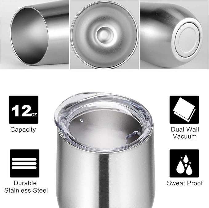 VEGOND Wine Tumblers Bulk 6 Pack, 12oz Stainless Steel Stemless Wine Glass with Lids and Straws, Double Wall Vacuum Insulated Tumbler Cup, Coffee Mug for Cold Hot Drinks