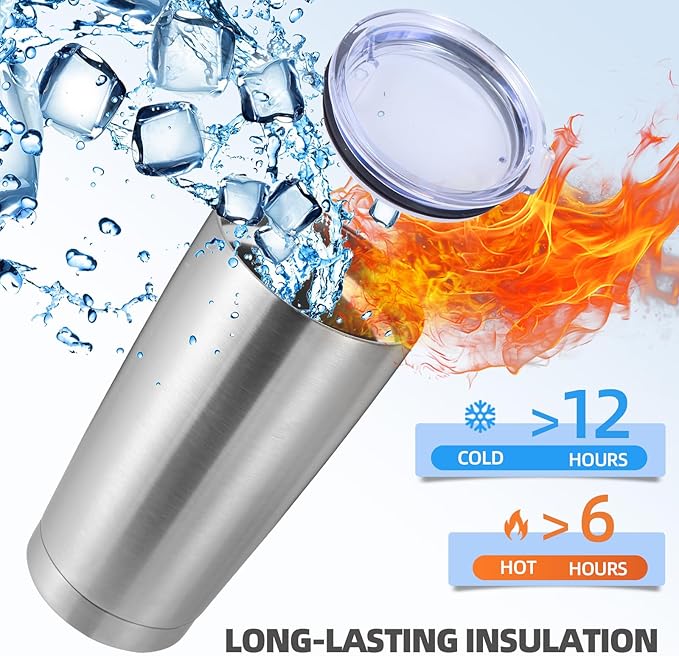 Volhoply 20oz Stainless Steel Tumbler with Lid and Straw Bulk 24 Pack,Double Wall Insulated Travel Iced Coffee Mug Fits Cup Holder,Powder Coated Cups for Hot/Cold Drinks,Christmas Gifts（Silver,24 Set）