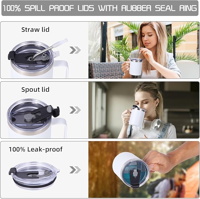 Volhoply 12oz Insulated Leakproof Coffee Mug with Flip & Straw Lid Bulk 8 Pack,Not Suitable for Sublimation,Double Wall Vacuum Stainless Steel Travel Tumbler Cup with Handle(White,8 Set)