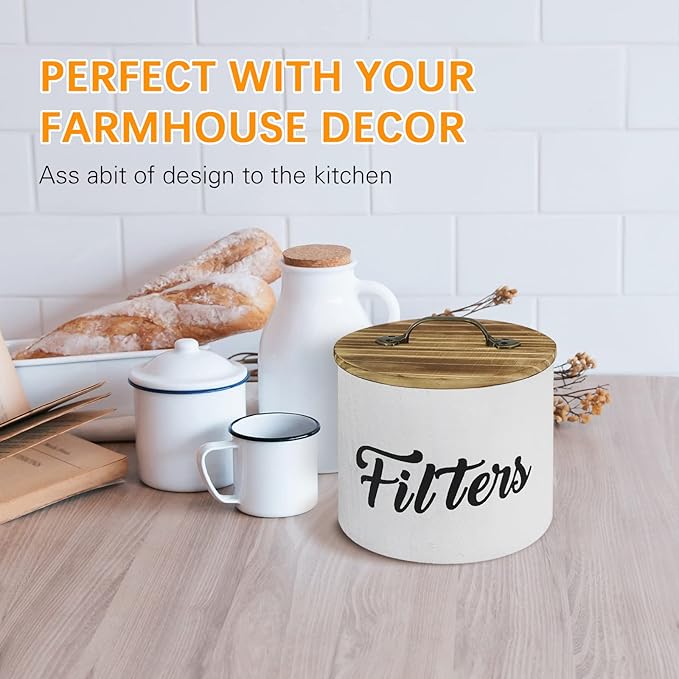 Coffee Filter Holder, Farmhouse White Filter Storage Container Basket for Counter, Wooden Case, Coffee Bar Accessories