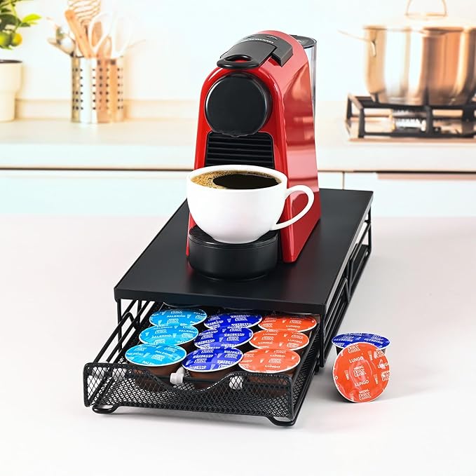 Coffee Pod Holder is Pull-Out and has an Adjustable Lever, K Cup Holder, Coffee Pod Organizer, Making It Easy to Store, Made of Black Metal
