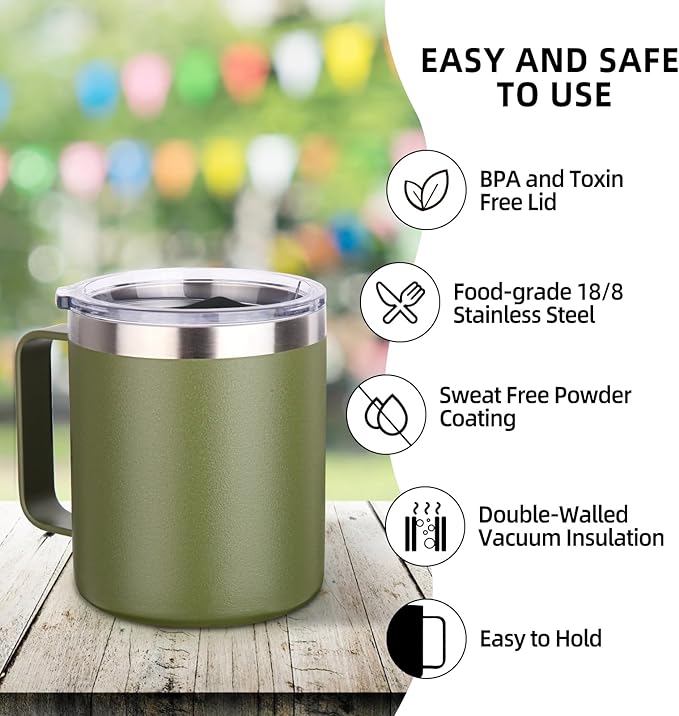 Volhoply 14oz Insulated Stainless Steel Coffee Mug with Lid Bulk 4 Pack,Double Wall Vacuum Travel Coffee Cup with Handle,Reusable Cups Tumbler,Camping Mugs Keep Hot,Ideal Gifts(Army Green,4)