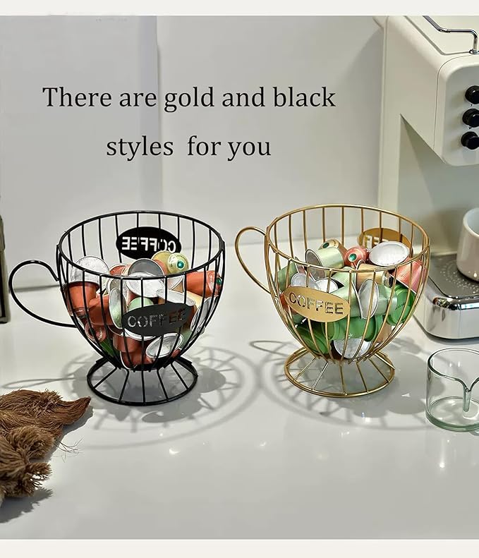Coffee Pod Holder,Large K Cup & Capsule Storage Organizer, Tea Cup Coffee Capsule Basket, Metal Coffee Bar Organizer for Kcup Kitchen Dinning Room Office Home Cafe Hotel (Black)