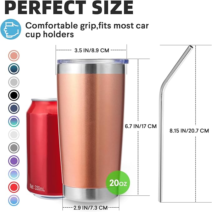 Volhoply 20oz Stainless Steel Tumbler with Lid and Straw Bulk 4 Pack,Double Wall Insulated Travel Ice Coffee Mug Fits Cup holder,Powder Coated Cups for Hot/Cold Drinks,Gifts for Women（Rose Gold,4 Set）