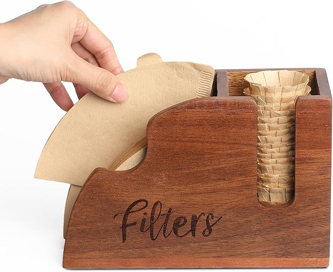 Acacia Wood Coffee Filter Holder - V60 Size 01 & 02 Cone Coffee Filters Storage Organizer, Disposable K-Cup Filter Holder, Coffee Bar Decor