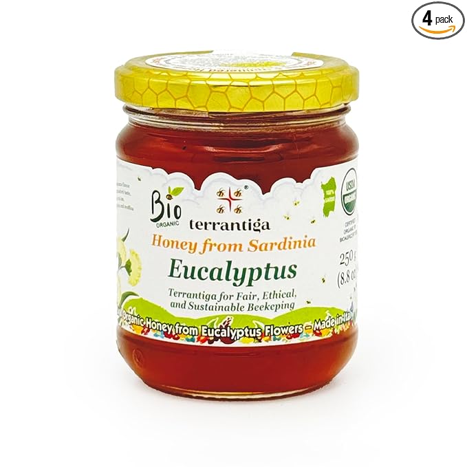 WellEatable Eucalyptus Organic Raw Honey from Eucalyptus Flowers, Artisanal Complex Balsamic Honey from Sardinia, Italy - 4 x (250gr) 8.81 Ounce (Pack of 4)