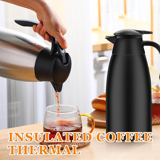 Norme 2 Pcs Thermal Coffee Carafe Insulated Stainless Steel Coffee Carafe for Hot Liquid Vacuum Thermal Pot Creamer Pitcher Dispenser with Brushes Keeping Hot Water Milk(Black, Silver,51 oz)