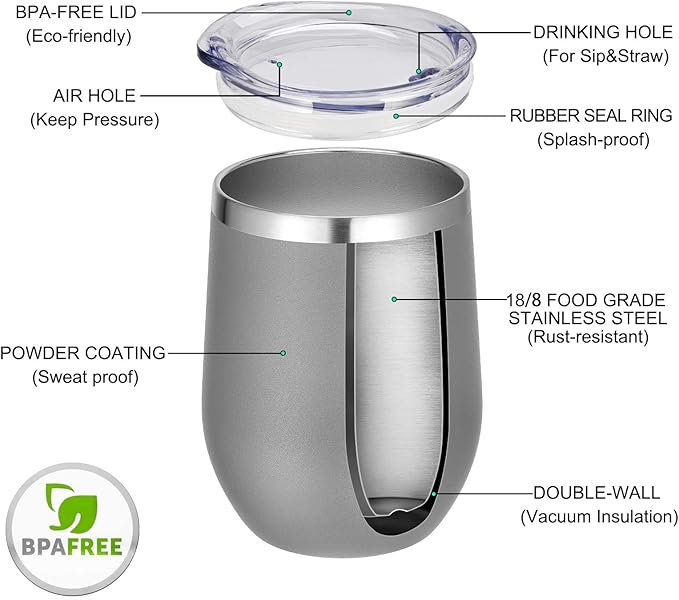 VEGOND Wine Tumblers Bulk 12 Pack, 12oz Stainless Steel Stemless Wine Glass with Lids and Straws, Double Wall Vacuum Insulated Tumbler Cup, Coffee Mug for Cold Hot Drinks