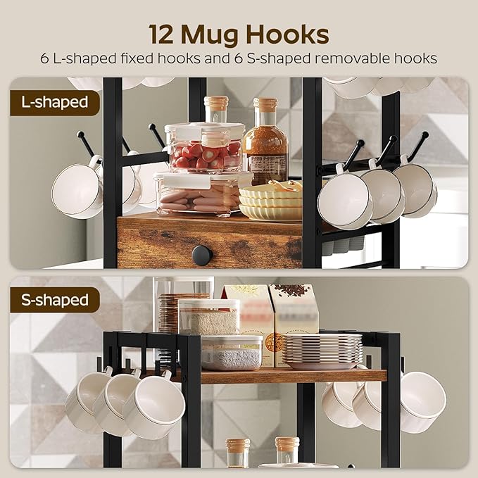 3-Tier Coffee Mug Holder with 12 Hooks, Coffee Bar Organizer, 25 Pods Capacity, Versatile Desktop Storage Rack, Space-Saving, for Kitchen, Living Room, Rustic Brown and Black MH01BR