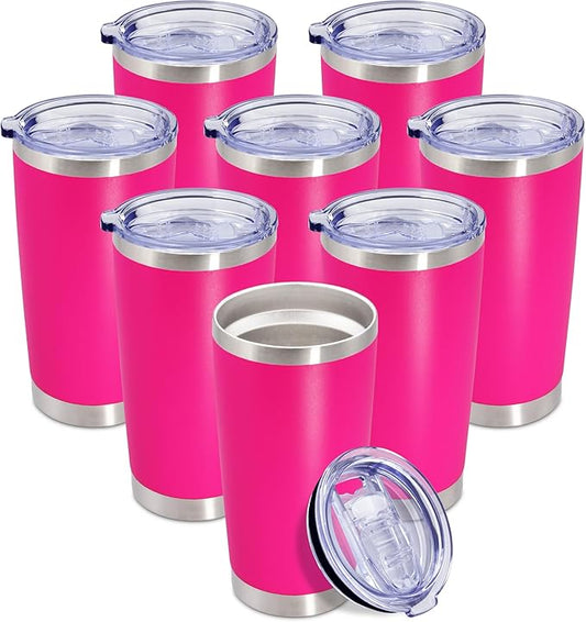 20 oz Tumbler Coffee Travel Tumblers Bulk with Lid Stainless Steel Double Wall Vacuum Insulated Mug Powder Coated Cups fit Car Cupholder for Hot and Cold - Hot Pink, 8Pack