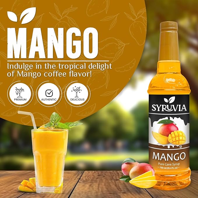 Syruvia Mango Syrup, Flavored Syrup for Drinks, Cocktails, Lemonades, Iced Teas, and Desserts – 25.4 fl oz, With Pump