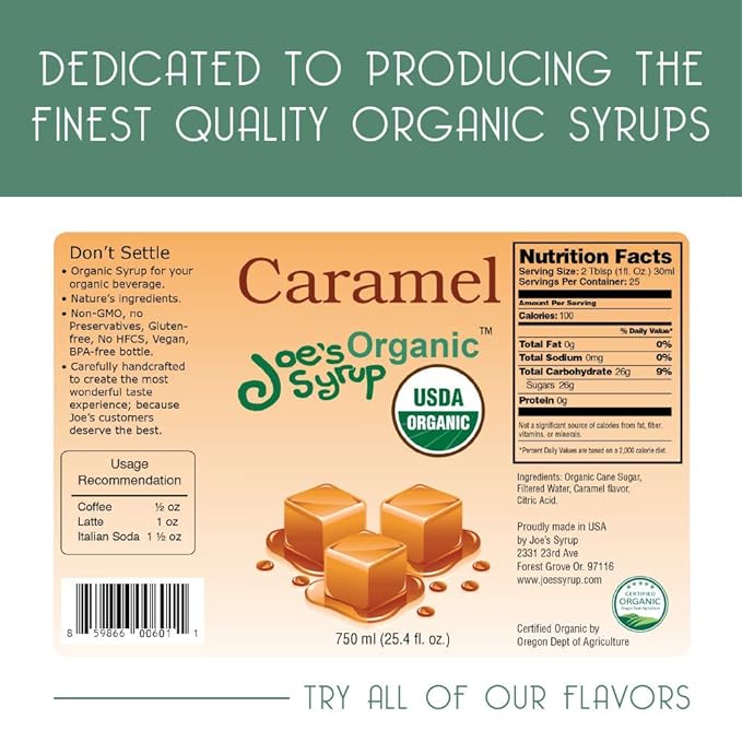 Joe’s Syrup Organic Flavored Syrup, Organic Caramel, 750 ml (3 Pack)