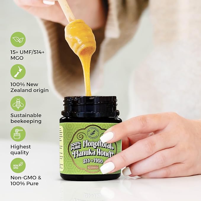 NZ Country East Cape 100% Pure Manuka Honey | Non-GMO Monofloral MGO 514+ | Therapeutic/Food Grade with Internal and External Healing Properties | Unpasteurized and Chemical-Free