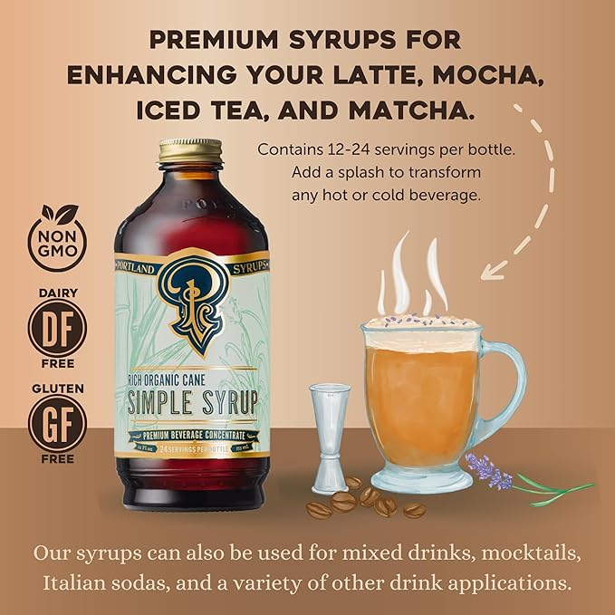 Portland Syrups Organic Cane Simple Syrup - Drink Mix for Exceptional Cocktails, Sugar for Drinks, for Coffee, Mocktails, Baking, 12 oz, 24 Servings - Pack of 2