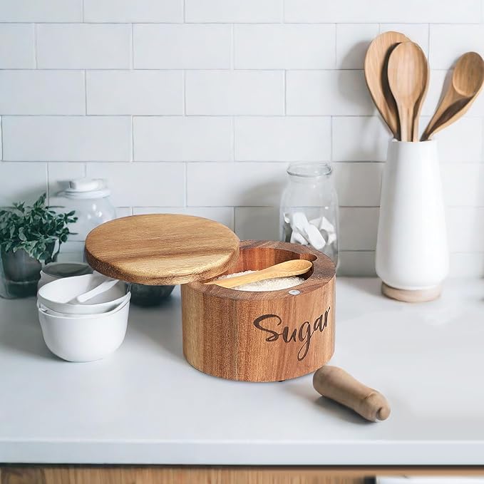 Acacia Wood Spice Box with Swivel Cover for Kitchen Countertop,Salt Keeper with Built-in Spoon,Modern Farmhouse Kitchen Decoror for Storing Seasonings (Labeled Sugar)