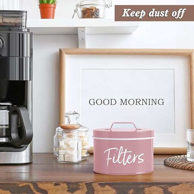 DRASTAR Coffee Filter Holder, Filter Storage with Lid for Counter, Storage Basket Container for Coffee Bar Accessories Decor, Pink