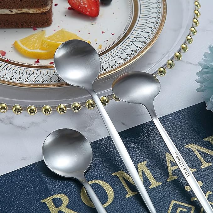 Matt Silver 6.6'' Teaspoons - 6 Piece Stainless Steel Tea Spoons for Home, Kitchen or Restaurant - Dishwasher Safe