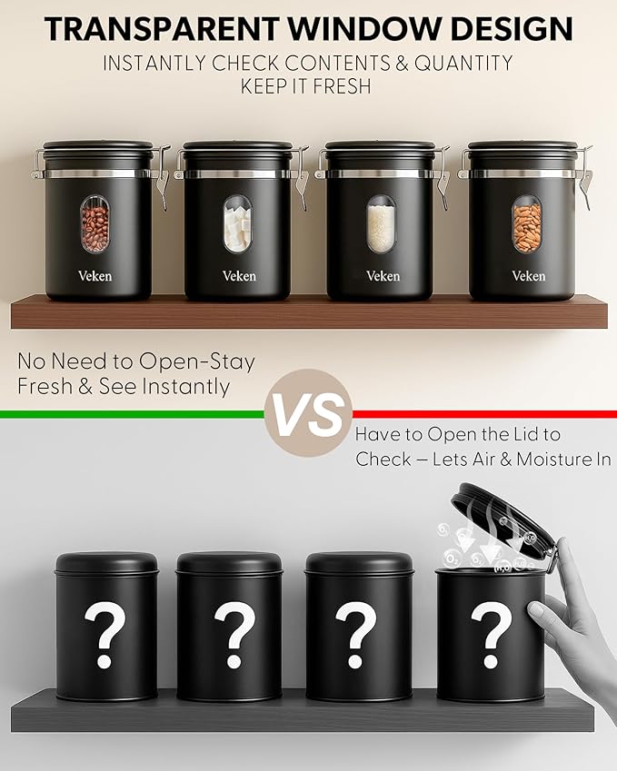 Veken Coffee Canister with Window, Airtight Stainless Steel Kitchen Food Storage Container with Lids, Date Tracker and Scoop for Grounds Coffee, Beans, Tea, Flour, Cereal, Sugar Jars, 16OZ, Black