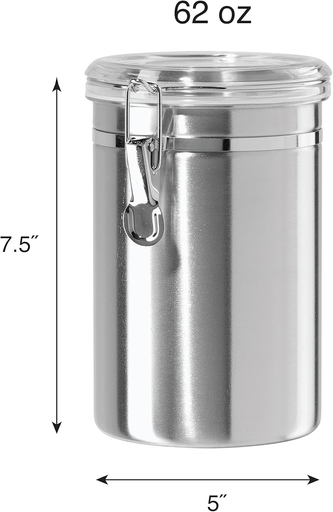 Oggi Stainless Steel Kitchen Canister 62 fl oz - Airtight Clamp Lid, Clear See-Thru Top - Ideal for Kitchen Storage, Food Storage, Pantry Storage. Large Size 5" x 7.5".