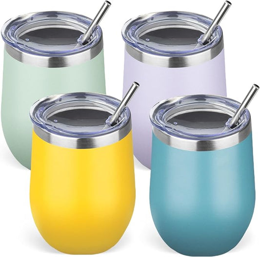 12oz/4 Pack Stainless Steel Wine Tumbler with Lid and Straw, Double Wall Vacuum Insulated Wine Tumbler Glasses, Stemless Travel Mugs for Hot and Cold Drinks, Coffee, Wine, Cocktails