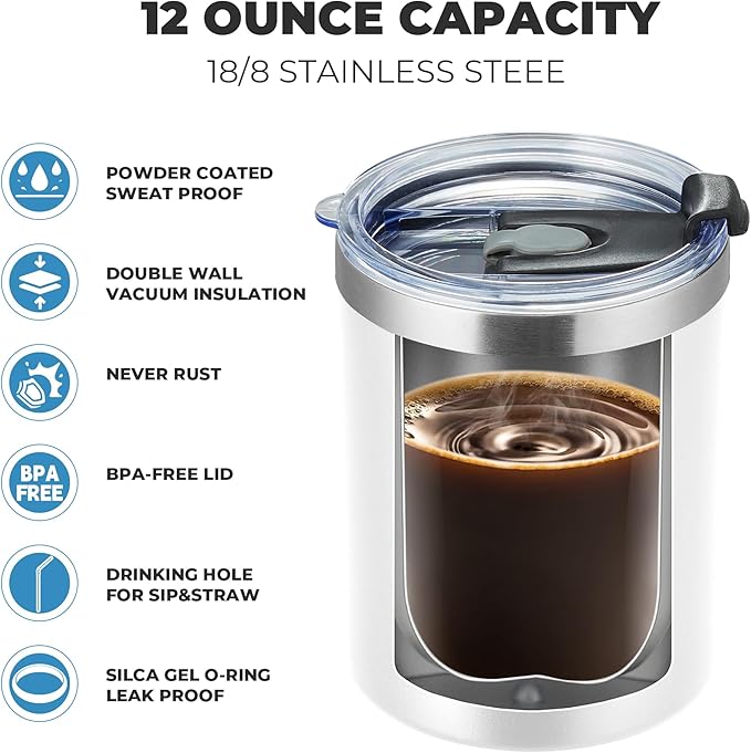 MEWAY 12oz/8 Pack Coffee Mug With Lid, Insulated Stainless Steel Reusable Coffee Cup, Double Wall Durable Coffee Mug, Powder Coate，For Coffee, Beer, Home, Office(MIX,8 Pack)