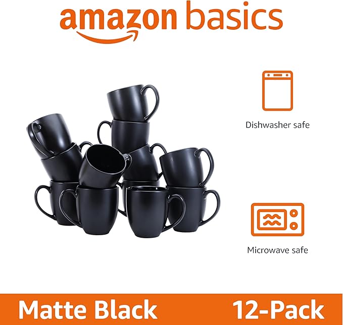 Amazon Basics 12-pack Matte Black Ceramic Coffee Mug, 16 ounces, Microwave-Safe, Stoneware, Commercial-grade