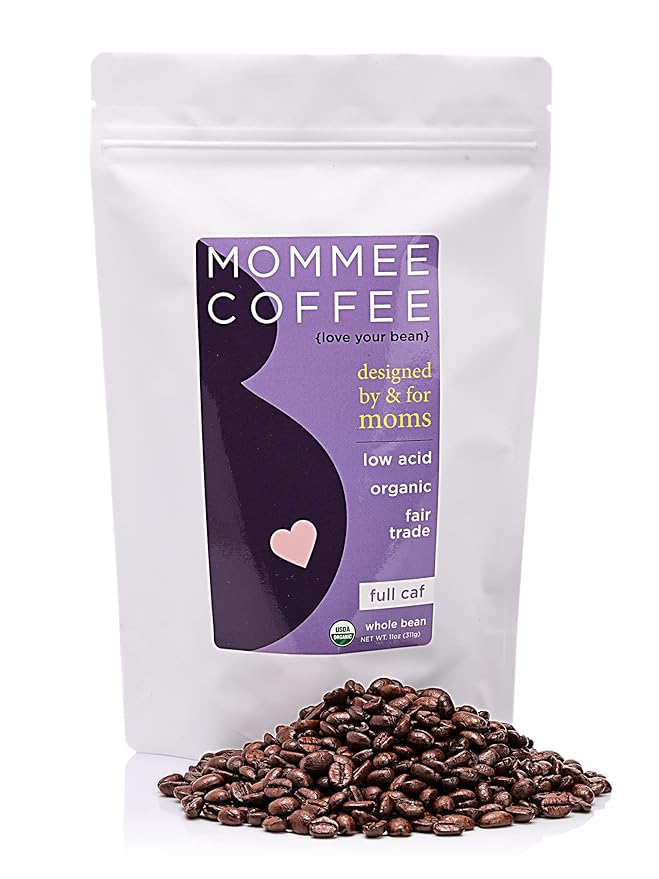 Mommee Coffee Full Caf Low Acid Whole Organic Coffee Beans - 100% Arabica Organic Full Caff Coffee Beans with Smooth Caramel Flavor - Medium Roast - 11 oz