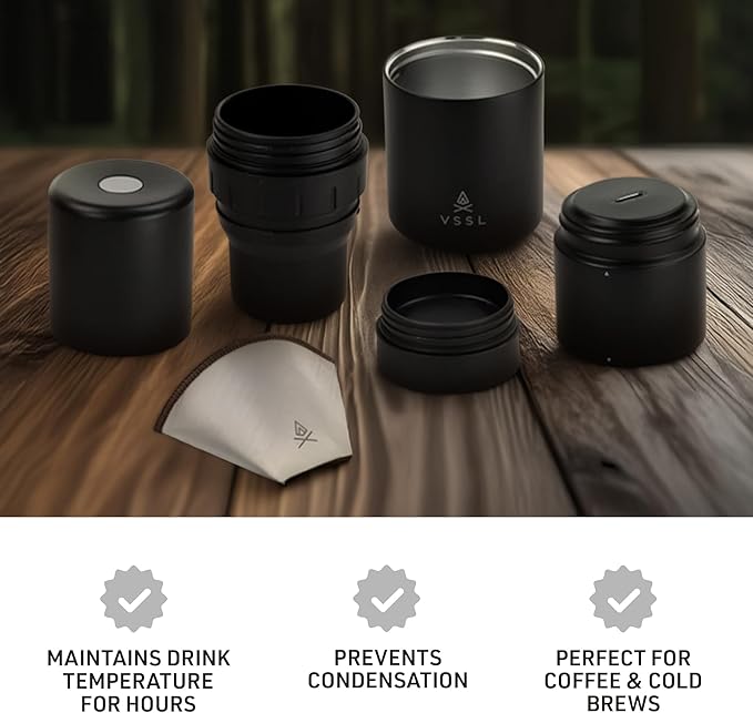 VSSL - Nest Pour Over Coffee Kit | Coffee Maker for Camping | All-In-One Travel Pour Over | Transportable Dripper, Two 10oz Stainless Steel Travel Mugs | Compact Storage & Adventure Ready | Black