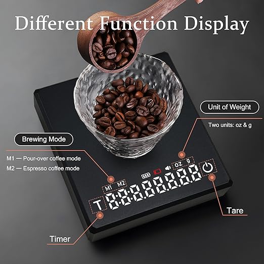 Espresso Scale with Timer/Tare, 2kg/0.1g Precision Portable Mini Coffee Scale with Auto Timing for Espresso and Pour Over Coffee, Rechargeable LED Display Digital Kitchen Scale with g/oz Unit