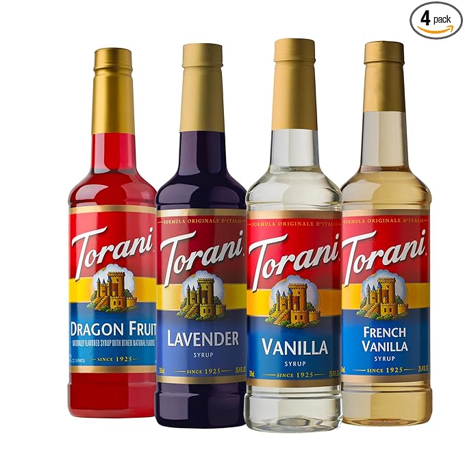 Torani Flavored Drink Syrup Beyond Basic Variety Pack, Dragon Fruit, Lavender, Vanilla & French Vanilla, 25.4 fl oz (Set of 4)