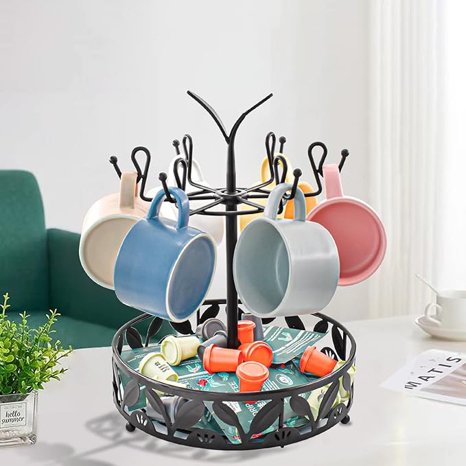 VANRA Coffee Mug Holder Stand 6 Hooks Rotating Mug Rack Countertop with Coffee Pod Basket Storage for Kitchen Counter Organizer, Black Steel (360 Rotating)